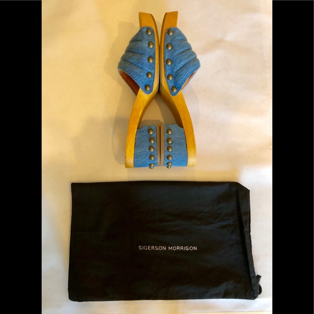 Sigerson Morrison Denim Wood Sandals Sz7.5 NEW⚡️ - Picture 3 of 6